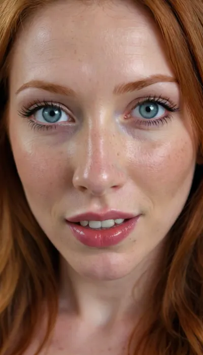 30 YEAR OLD GINGER BIMBO SLUT, VERY EXTREMELY EXTREMELY CLOSE UP, FACE & BREASTS DIRECTLY IN VIEWERS FACE, FACE TO FACE, DIRECTLY IN FRONT OF VIEWER, LARGE BIG BOOBS, VERY CLOSE UP, BENDING FORWARD, PALE FRECKLED FACE, VERY FRECKLED SKIN, GOOD LIGHTING, LONG NATURAL RED HAIR, BLUE EYES, BIG BIMBO LIPS, SMILING, SLUT, IN DARK BEDROOM, WOMAN DIRECTLY IN FRONT OF VIEWER UP CLOSE, NUKED, PERFECT FACE, LUSTFUL APPEARANCE