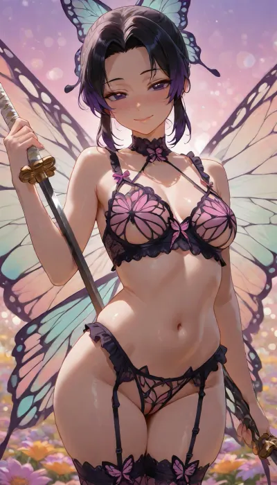 (masterpiece, best quality), shinobu_kochou from demon_slayer, (small medium breasts), wearing a butterfly-themed lingerie set with wings, cutout lingerie, undergoob, holding a katana, colorful flower field in background, bokeh, seductive expression, soft smile, blushing, explicit, nsfw
