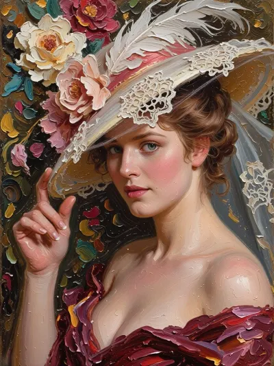 A portrait of a young woman in the style of classical oil painting from the Belle Époque era, (1890–1914), influenced by John Singer Sargent, Giovanni Boldini and Valentin Serov. She has turned her head slightly and is looking directly at the viewer with a lively, slightly questioning gaze, as if asking, ‘Does the hat look good on me?’. Her right hand is gracefully raised, her fingers gently curved and touching the brim of the hat. The hat has a wide brim and is lavishly adorned with fine white openwork lace, a large white feather, artificial flowers and a pink satin ribbon. Her wavy hair is gathered into a high, soft updo. She has fair skin with a delicate blush on her cheeks, expressive eyes and full, pink lips. The dress, a deep burgundy colour, is draped off the shoulders, it is painted with broad, impasto brushstrokes, featuring folds and an open neckline. The background is dark, adorned with large flowers. The painting features a rich oil paint texture, pronounced impasto, and is an academic salon portrait characterised by high detail, a masterpiece of the highest quality.