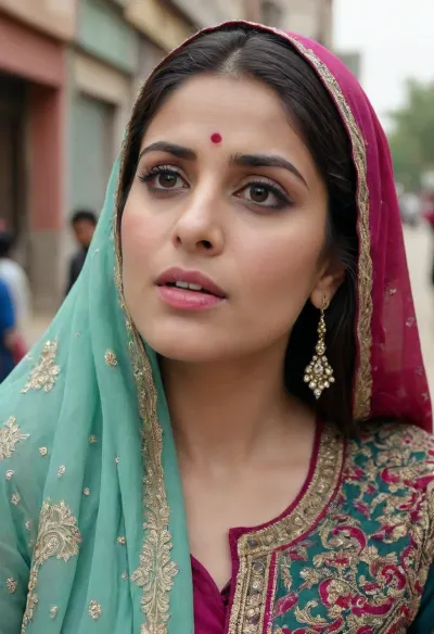 pakistani woman make her face real to local pakistani woman, wearing salwar kameez
