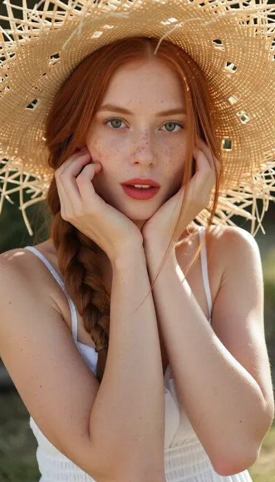 Waist-up picture of a woman. Picture is taken outside in a sunny day. Woman is a redhead with green eyes and lots of freckles on her cheeks. Her hair form thick braid on her shoulder. Her lips are red. She wears white summer dress and large straw sun hat. Both of her hands are resting on her cheeks.