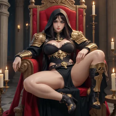 xiangling from genshin impact dross style reiq meets, A highly detailed erotic portrait of a Sister of Battle, (Adepta Sororitas), from Warhammer 40k sitting on a massive gothic imperial throne, beautiful stern-faced young woman with pale skin, intense fanatical eyes, long black hair partially covered by a white wimple and black hood, wearing ornate black and red power armor with gold trim, fleur-de-lis symbols and purity seals, armor partially opened and damaged revealing large breasts, toned athletic body and smooth skin, sheer black lace undergarments visible underneath, legs slightly spread, one hand resting on the armrest, the other holding a bolter or holy flamer across her lap, dark gothic cathedral background with candles, incense smoke, skulls and imperial aquila banners, dramatic chiaroscuro lighting, volumetric god rays, highly detailed textures of ceramite armor, sweat and oil on skin, sensual yet zealous expression, full body view, intricate throne with skulls and purity seals, 8k, photorealistic, cinematic, dark fantasy, Warhammer 40k style, by Greg Rutkowski and Alphonse Mucha, erotic, seductive, NSFW