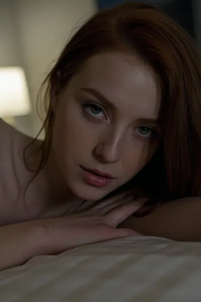 A muted, low-contrast intimate portrait of a sultry woman in a very dimly lit, moody late night cozy bedroom. The scene is lit only by a very soft, underexposed, diffused ambient light source., (The image has a heavy film grain, and the colors are desaturated and washed out:4), The overall feel is quiet, intimate, and moody.
The woman's features are defined by subtle soft-focus shadows. Her red hair is soft and loose. Her pale-brown eyes enchant the viewer with sensual desire.