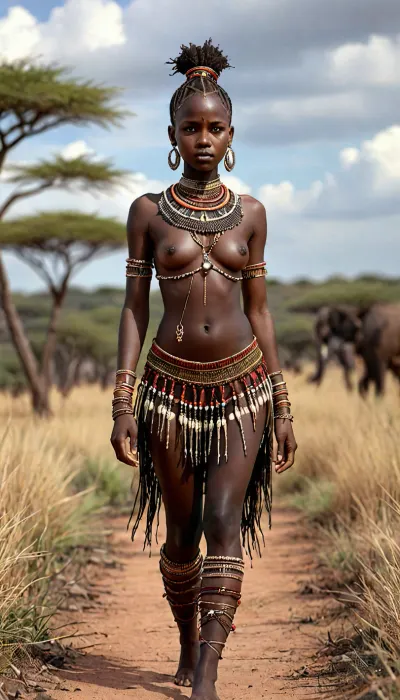 african deep black skinned tribe girl from kenya, in tribal outfit, in the middle of savannah, beautiful, sexy, seductive, full-body view, <lora:detailed_notrigger:1.8>, <lora:add-detail-xl:1.3>, <lora:LCMTurboMix_Euler_A_fix:1.6>, <lora:CinematicStyle_v1:2>