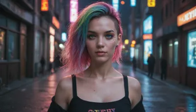 tall athletic buxom android, colorful fluorescent android skin, colorful fluorescent android body, colorful fluorescent buzzcut hair, iridescent void eyes, diferent colors, colorful, cyberpunk city street