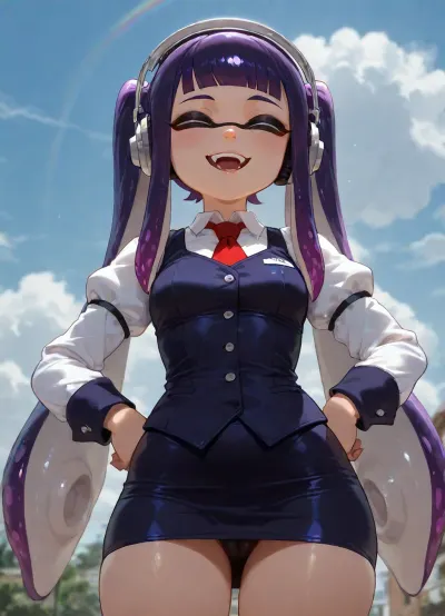 masterpiece, 1girl, solo, long hair, jill stingray, smile, open mouth, bangs, bartender clothes, closed eyes, purple hair, cowboy shot, sky, day, cloud, blunt bangs, blue sky, ^_^, headphones, fangs, (cameltoe:1.2), hands on hips, tentacle hair, rainbow, inkling, inkling girl, flat, chested, <lora:Khyle_XL:1.1>, <lora:flat_chested_v3.5:.8>