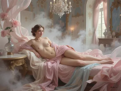 adult nude female muse in an opulent rococo palace, inspired by classical European oil paintings, reclining pose, grand chandelier, antique furnishings, delicate fabrics, soft window light, baroque elegance, painterly realism, rich textures, museum masterpiece, old master aesthetic, highly detailed, atmospheric perspective, fine art, timeless beauty.
Composition, The composition is centered around the figure of the woman, drawing the viewer's eye directly to her. She is placed slightly off-center, creating a more dynamic and engaging visual flow. The flowing fabric of her dress and the surrounding ethereal elements create a sense of depth and envelopment, with the foreground and background softly blurring. The negative space, particularly the misty, hazy background, helps to emphasize the subject and contribute to the overall sense of etherealness. The use of soft, organic shapes in the fabric and mist contrasts with the implied architectural elements in the background, adding a layer of visual interest.
Color Usage, The color palette is predominantly soft and muted, dominated by shades of blush pink, rose, and warm beige, with accents of pale blue and grey in the background. This limited and harmonious color scheme contributes significantly to the romantic and dreamy quality of the image. The soft diffusion of light within these colors enhances the sense of delicacy and creates a gentle, luminous effect. There are no harsh or contrasting colors, which further enhances the overall feeling of softness and tranquility.
Artistic Characteristics, The image exhibits a high degree of artistic sophistication, characterized by its soft focus, diffused lighting, and painterly quality. The texture of the fabric is rendered with great detail and fluidity, giving it a tangible yet airy feel. The woman's pose and expression convey a sense of pensive introspection and delicate grace. The overall aesthetic leans towards fantasy and surrealism, creating a scene that feels both intimate and otherworldly. The technique appears to be a digital creation that mimics the softness and blending of traditional painting or watercolor, possibly with elements inspired by photography that has been heavily stylized. The emphasis is on mood and emotion rather than sharp realism