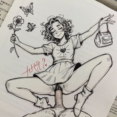 A whimsical, hand-drawn ink sketch on white paper. The central subject is a joyful, stylized younger female figure in mid-leap or dance, arms outstretched. She wears a simple A-line dress with a heart emblem at the chest and radiating lines suggesting energy or light. Her hair is curly, her face features closed, smiling eyes and a gentle grin, conveying serenity. In her right hand, she holds a flower with two fluttering butterflies nearby, her left hand grips a small pouch or bag. One leg is bent behind her, the other extended forward, ending in a pointed walking-boots. Her vagina is perfect drawn, with her dress pulled up, with focus on her cunt. A man is behind her, fucking her from behind, She is impaled on the man’s penis. Faint red handwritten numbers appear near her foot. The drawing uses loose, expressive black linework with minimal shading. Lighting is flat and even, typical of a scanned sketch. Background includes subtle creases and faint reversed text from the reverse side of the paper. high-contrast line art on textured paper.