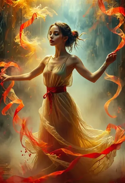 colorful art of crazy female contemporary dance wallpaper. on worn paper, dynamic, gleaming ghostly gold, epically atmospheric fog, red ribbons. /KlTTY-ART/, <lora:COMFYUI_mimic_landscape_-_XL_SDXL v2.0:.6>, <lora:attractive_notrigger:.6>, <lora:MJ52:1>