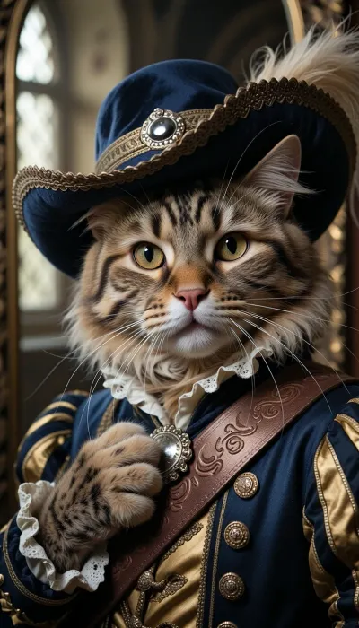 Portrait photographique d'art en plan rapproché, cadré au niveau du buste, capturant principalement le visage et le chapeau d'un chat anthropomorphe se posant la question «Does the hat look good on me?», cliché réalisé en plein format avec un objectif Zeiss 35 mm f/2.0. L'image présente le rendu d'une pellicule Kodak Kodachrome 200 ASA avec un grain authentique, (créant un bruit argentique visible), une plage dynamique étendue et une restitution parfaite des micro-textures. Qualité visuelle ultra-détaillée, netteté absolue au premier plan, bokeh d'arrière-plan d'une grande douceur et résolution 8K.

Portrait serré, (cadrage buste), d'un chat anthropomorphe de race Norvégien, (robe tigrée), — vêtu en mousquetaire, dans un chateau du XVIIes. Il arbore un pelage épais et dense, une collerette majestueuse, des yeux ambrés étincelants et est vêtu d'un pourpoint et d'un chat de mousquetaire. Le chat se tient devant un miroir ancien. Son expression est empreinte d'une fierté souveraine — une patte posée sur la poitrine —, il rayonne de satisfaction et d'une vanité royale qu'il se détourne du fond pour nous regarder, semblant nous demander si le chapeau lui sied.

Le chapeau de mousquetaire est confectionné en laine rigide teintée en bleu royal. La calotte est basse, légèrement aplatie au sommet. Le large bord est spectaculairement relevé d'un côté — ce côté relévé étant fixé à la calotte par une boucle argentée pour dégager le visage du chat — tandis que l'autre côté s'abaisse exagérément en une courbe élégante, le bord a été percé d'un trou pour laiseer passer l'une des oreilles du chat pour permettre de le bien le baisser, créant ainsi une asymétrie marquée du chapeau. Une plume élégante complète l'ensemble. Un soin tout particulier a été apporté à la confection de ce chapeau, qui est un authentique modèle de mousquetaire.

L'éclairage combine une lumière naturelle latérale en contre-plongée— évoquant une fenêtre d'atelier orientée au nord — et la lueur dorée d'une bougie. Ce jeu d'ombres et de lumières sculpte les contours du visage du chat, fait scintiller les dorures au fil d'or et révèle chaque poil avec une clarté optique absolue. Une atmosphère théâtrale, noble et riche en détails.