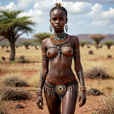 african deep black skinned tribe girl from kenya, in tribal outfit, in the middle of savannah, beautiful, sexy, seductive, full-body view, <lora:detailed_notrigger:1.8>, <lora:add-detail-xl:1.3>, <lora:LCMTurboMix_Euler_A_fix:1.6>, <lora:CinematicStyle_v1:2>