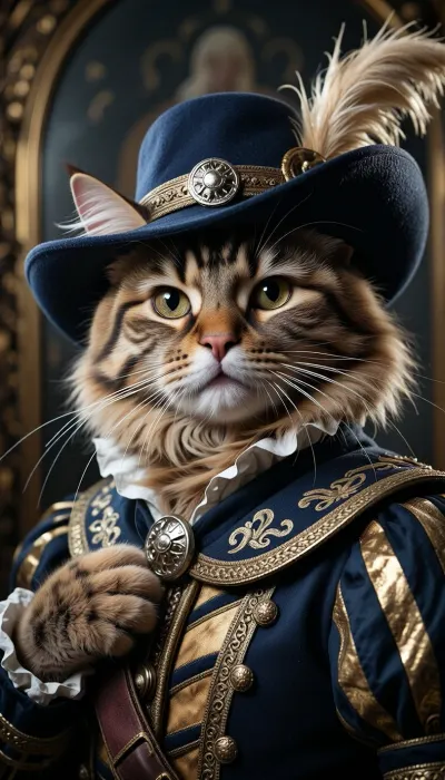 Portrait photographique d'art en plan rapproché, cadré au niveau du buste, capturant principalement le visage et le chapeau d'un chat anthropomorphe se posant la question «Does the hat look good on me?», cliché réalisé en plein format avec un objectif Zeiss 35 mm f/2.0. L'image présente le rendu d'une pellicule Kodak Kodachrome 200 ASA avec un grain authentique, (créant un bruit argentique visible), une plage dynamique étendue et une restitution parfaite des micro-textures. Qualité visuelle ultra-détaillée, netteté absolue au premier plan, bokeh d'arrière-plan d'une grande douceur et résolution 8K.

Portrait serré, (cadrage buste), d'un chat anthropomorphe de race Norvégien, (robe tigrée), — vêtu en mousquetaire. Il arbore un pelage épais et dense, une collerette majestueuse, des yeux ambrés étincelants et est vêtu d'un pourpoint et d'un chat de mousquetaire. Le chat se tient devant un miroir ancien. Son expression est empreinte d'une fierté souveraine — une patte posée sur la poitrine —, il rayonne de satisfaction et d'une vanité royale alors qu'il détourne le regard de son reflet pour nous fixer, semblant demander si le chapeau lui sied.

Le chapeau de mousquetaire est confectionné en laine rigide teintée en bleu royal. La calotte est basse, légèrement aplatie au sommet. Le large bord est spectaculairement relevé d'un côté — ce côté relévé étant fixé à la calotte par une boucle argentée pour dégager le visage du chat — tandis que l'autre côté s'abaisse exagerement en une courbe élégante, percée d'une ouverture laissant passer l'une des oreilles du félin, créant ainsi une asymétrie marquée. Une plume élégante complète l'ensemble. Un soin tout particulier a été apporté à la confection de ce chapeau, qui est un authentique modèle de mousquetaire.

L'éclairage combine une lumière naturelle latérale en contre-plongée — évoquant une fenêtre d'atelier orientée au nord — et la lueur dorée d'une bougie. Ce jeu d'ombres et de lumières sculpte les contours du visage du chat, fait scintiller les dorures au fil d'or et révèle chaque poil avec une clarté optique absolue. Une atmosphère théâtrale, noble et riche en détails.