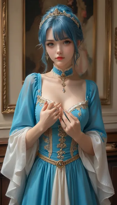 woman, a painting of a women, inspired by Jean-Baptiste van Loo, trending on cg society, rococo, medieval high fashion, sakimichan frank franzzeta, imperial royal elegant clothing, cream and blue underbust attire, 18 year old aristocrat, elegant glamorous cosplay, rococo color palette, by Magali Villeneuve, fully clothed. painting of sexy, aesthetic, trending on pintrest, blue hair in an elegant and elaborate hairstyle, the empress tarot card, historical reenactment, perfect hands, five fingers, perfect fingers, correct arms, correct hands, perfect legs, perfect body, correct clothes, correct anatomic body, correct anatomic legs, correct anatomic hands, correct fingers, only five fingers, correct anatomy, correct body, correct legs, large, breasts, big, boobs, huge, tits, detailxl, Stable-Yogis-Makeup-Enhancer-XL, but, <lora:bombshell_v2:2>, <lora:MJ52:2>, <lora:BUT_SDXL_SHS:1.4>