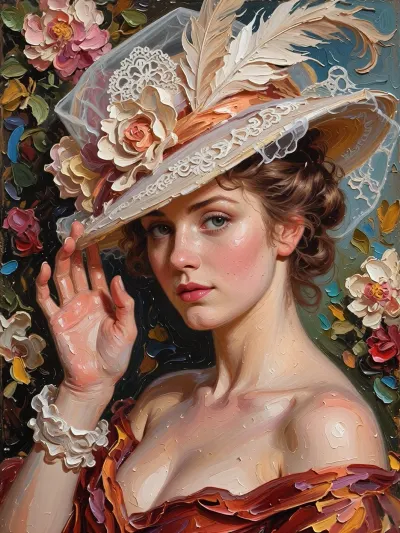 A portrait of a young woman in the style of classical oil painting from the Belle Époque era, (1890–1914), influenced by John Singer Sargent, Giovanni Boldini and Valentin Serov. She has turned her head slightly and is looking directly at the viewer with a lively, slightly questioning gaze, as if asking, ‘Does the hat look good on me?’. Her right hand is gracefully raised, her fingers gently curved as they touch the brim of the hat. The hat has a wide brim and is lavishly adorned with fine white openwork lace, a large white feather, artificial flowers and a pink satin ribbon. Her wavy hair is gathered into a high, soft updo. She has fair skin with a delicate blush on her cheeks, expressive eyes and full, pink lips. The dress, a deep burgundy colour, is draped off the shoulders, it is painted with broad, impasto brushstrokes, featuring folds and an open neckline. The background is dark, adorned with large flowers. The painting features a rich oil paint texture and pronounced impasto, it is an academic salon portrait characterised by a high level of detail – a masterpiece of the highest quality.