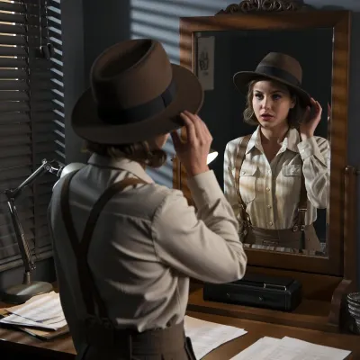 A cinematic, photorealistic noir-inspired scene of a stylish female private detective in a 1940s office, trying on a fedora in front of a mirror. She is in her late twenties, intelligent and self-possessed, wearing a fitted shirt with suspenders and period-inspired detective styling. She tilts the fedora slightly with one hand and studies herself with a cool, questioning expression, as if asking whether the hat works for her. Venetian blind shadows fall across the room from a nearby window, creating classic noir lighting. The office contains a wooden desk, papers, a desk lamp, and a slightly worn atmosphere. The mirror and hat are both be clearly important to the composition, and the focus is on her reflection in the mirror. The mood is cinematic, stylish, dryly humorous, and strongly character-driven. Realistic anatomy, realistic detailed hands, realistic detailed eyes, period-correct wardrobe, moody noir lighting, believable fedora, believable highly detailed mirror reflection, high detail.