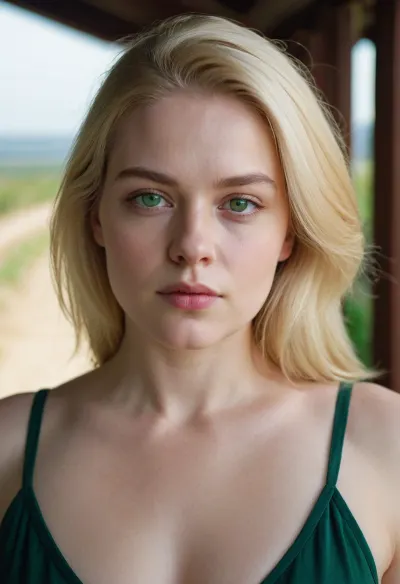 woman, blonde thick straight hair, green eyes, pale skin, chubby, small saggy breasts, no makeup, narrow eyes, defined wide jaw, thin lips, slightly crosseyed, asymetrical face, random face