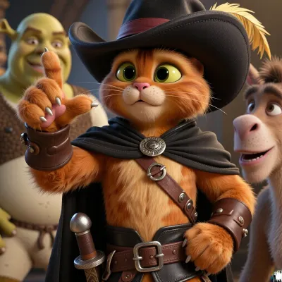 dynamic, high-action cinematic full-body shot of Puss in Boots from Shrek wearing a wide-brimmed feathered hat slightly tilted on his head. He strikes an energetic, twisting mid-stride pose, looking directly at the camera with an intensely expressive, funny, and deeply inquisitive questioning face, raising one eyebrow. Ultra-detailed soft fur texture, gleaming big expressive green eyes, intricate leather boots and belt details, rich velvet and feather texture of the hat. Vibrant and vivid colors, rich contrast, dramatic cinematic lighting, volumetric light rays, 8k resolution, photorealistic 3D character animation style, DreamWorks aesthetic, (masterpiece --ar 16:9), --v 6.0