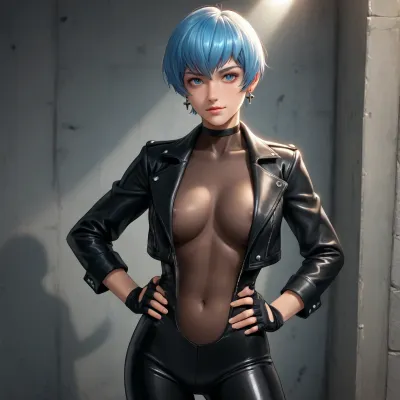 esdeath from akame ga kill dross style reiq meets, 1solo, adult, 20yo, skinny, futanari, posing, hands on hips, slim, (perfect feminine body), earrings, muscle tencion, ((short pixie hair)), blue eyes, (perfect beautiful face), smile, happy, (huge fake breasts), ((medium erect penis)), (((black leather jacket, long jacket, gloves, (mesh body stocking:1.5)))), (correct fingers, perfect fingers), clear dark grey background, (profile view), medium-level shot, side soft lighting, shadows