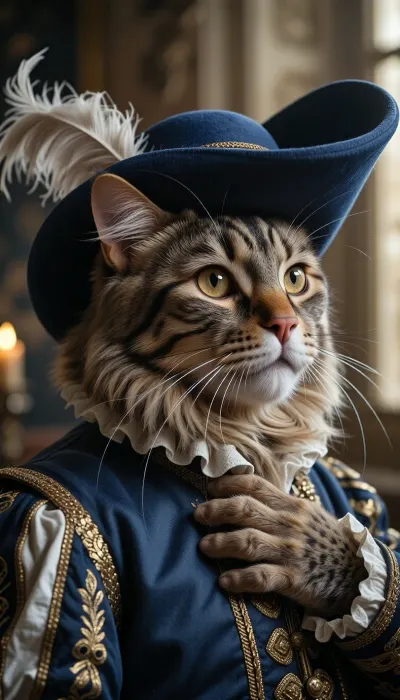 An artistic, close-up photographic portrait—framed at the bust—capturing the face and hat of an anthropomorphic cat pondering the question, "Does the hat look good on me?" Shot on full-frame format using a Zeiss 35mm f/2.0 lens. The image features the aesthetic of Kodak Kodachrome 200 ASA film, complete with authentic grain, (visible film noise), wide dynamic range, and perfect rendering of micro-textures. Ultra-detailed visual quality, absolute foreground sharpness, incredibly soft background bokeh, and 8K resolution.

A tight portrait, (bust-level framing), of an anthropomorphic Norwegian Forest Cat, (tabby coat), dressed as a musketeer inside a 17th-century château. He sports a thick, dense coat and a majestic ruff, his amber eyes sparkle, and he wears a doublet and musketeer attire. His expression radiates regal pride—one paw resting on his chest—and a sense of royal vanity as he turns away from the background to look at us, seemingly asking if the hat suits him.

The musketeer hat is crafted from stiff, royal-blue dyed wool and features a very wide brim. The crown is low and flat-topped. The wide brim is dramatically swept up on one side to reveal the cat's face, while the other side slopes down elegantly, a hole has been cut in the brim to accommodate one of the cat's ears, allowing the hat to sit low and creating a striking asymmetry. An elegant feather completes the look. Meticulous care went into crafting this hat, which is an authentic musketeer-style piece. The lighting combines natural light coming from the side and below—evoking a north-facing studio window—with the golden glow of a candle. This interplay of light and shadow sculpts the contours of the cat’s face, makes the gold-thread gilding shimmer, and reveals every single hair with absolute optical clarity. A theatrical, noble atmosphere rich in detail.