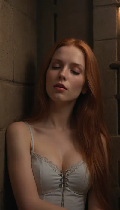 ultimate realism, male pov, sleeping beauty fairy tale, long straight redhead hair, she is trapped in a prison tower, leaning against a wall, 100DD tits, intricate detail, cinematic masterpiece, golden light