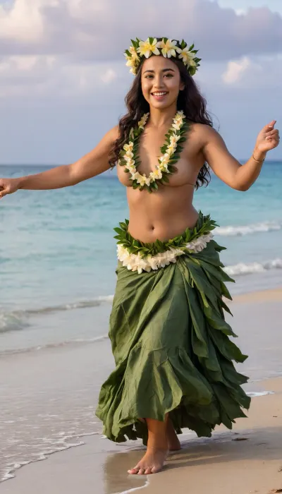 A full-body shot of a beautiful 30-year-old Hawaiian woman with a round face and a radiant, cheerful expression, performing a dynamic Polynesian dance on the beach. She is dressed in a skirt made of leaves and wears a large, thick floral lei—20 cm wide—draped over her chest and bare skin, along with a plumeria flower crown and anklets. The golden light of sunset reflects off the ocean and sand, creating an artistic and graceful atmosphere. Professional-quality photography, high resolution, 8K image quality