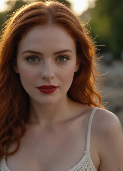 (best quality, award-winning photograph, sharp focus), Crocheted camisole, (wide knit), beautiful face, long hair, seductive face, make-up, red lipstick, redhead hair, perfect body, very large natural breasts, the whole figure is visible, soft smile, cinematic, movie still, hyperdetailed photography, 35mm photograph, film, professional, 4k, highly detailed, Golden hour lighting. Depth of field F2. Rule of Thirds Composition