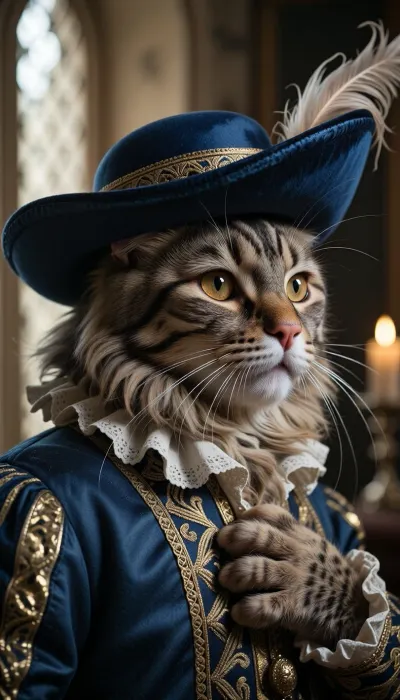 An artistic, close-up photographic portrait—framed at the bust—capturing the face and hat of an anthropomorphic cat pondering the question, "Does the hat look good on me?" Shot on full-frame format using a Zeiss 35mm f/2.0 lens. The image features the aesthetic of Kodak Kodachrome 200 ASA film, complete with authentic grain, (visible film noise), wide dynamic range, and perfect rendering of micro-textures. Ultra-detailed visual quality, absolute foreground sharpness, incredibly soft background bokeh, and 8K resolution.

A tight portrait, (bust-level framing), of an anthropomorphic Norwegian Forest Cat, (tabby coat), dressed as a musketeer inside a 17th-century château. He sports a thick, dense coat and a majestic ruff, his amber eyes sparkle, and he wears a doublet and musketeer attire. His expression radiates regal pride—one paw resting on his chest—and a sense of royal vanity as he turns away from the background to look at us, seemingly asking if the hat suits him.

The musketeer hat is crafted from stiff, royal-blue dyed wool and features a very wide brim. The crown is low and flat-topped. The wide brim is dramatically swept up on one side to reveal the cat's face, while the other side slopes down elegantly, The cat's ear is well-placed, allowing the hat to sit low and creating a striking asymmetry. An elegant feather completes the look. Meticulous care went into crafting this hat, which is an authentic musketeer-style piece. The lighting combines natural light coming from the side and below—evoking a north-facing studio window—with the golden glow of a candle. This interplay of light and shadow sculpts the contours of the cat’s face, makes the gold-thread gilding shimmer, and reveals every single hair with absolute optical clarity. A theatrical, noble atmosphere rich in detail.