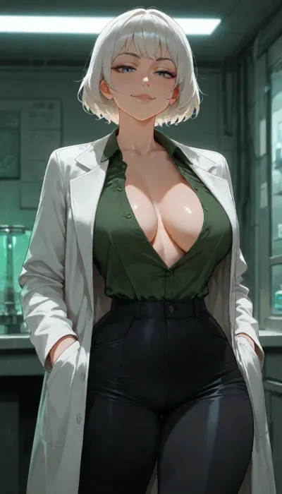 masterpiece, best quality, absurdres, newest, highres, very aesthetic, 1girl, solo, mature female, adult, genderbend, rick sanchez, (rick and morty), female rick, nsfw, messy spiky white hair, short hair, gray hair, white hair, thick eyebrows, sharp face, wrinkled face, cynical expression, blue eyes, beautiful detailed eyes, medium breasts, narrow waist, thick thighs, slender, tall, white lab coat, open coat, green shirt, unbuttoned shirt, black pants, standing, looking at viewer, smirk, hands in pockets, laboratory, science lab, detailed background, soft lighting, cinematic lighting, detailed face, intricate details, highly detailed