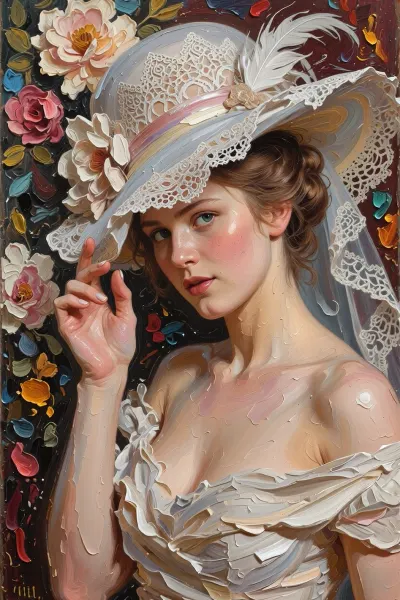 A portrait of a young woman in the style of classical oil painting from the ‘Belle Époque’, (1890–1914), painted under the influence of the works of John Singer Sargent, Giovanni Boldini and Valentin Serov. She has turned her head slightly and is looking directly at the viewer with a lively, slightly questioning gaze, as if asking, ‘Does this hat suit me?’. Her right hand is gracefully raised, her fingers slightly bent and touching the brim of the hat. The wide-brimmed hat is richly adorned with delicate white openwork lace, a large white feather, artificial flowers and a pink satin ribbon. Her wavy hair is gathered into a high, soft updo. She has fair skin with a delicate blush on her cheeks, expressive eyes and full, pink lips. Her deep burgundy dress falls from her shoulders, it is painted with broad impasto brushstrokes, featuring defined folds and an open neckline. The background is dark, adorned with large flowers. The painting is distinguished by the rich texture of the oil paint and pronounced impasto, it is an academic salon portrait characterised by a high level of detail — a masterpiece of the highest quality.