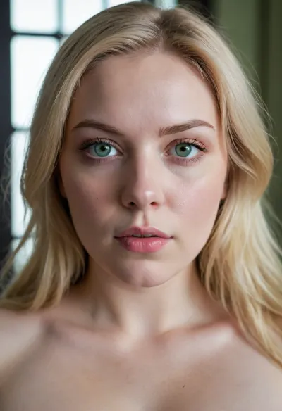 woman, blonde thick straight hair, green eyes, pale skin, bbw, small saggy breasts, no makeup, narrow eyes, defined wide jaw, thin lips