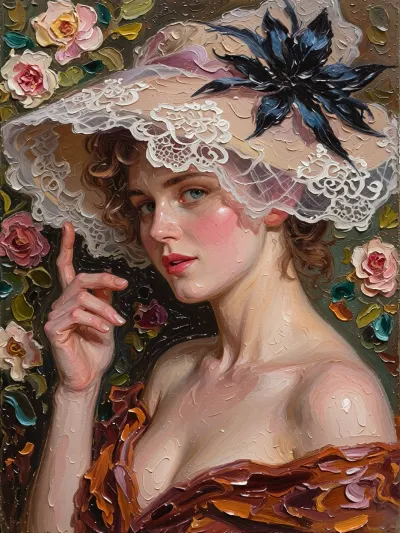 A portrait of a young woman in the style of classical oil painting from the Belle Époque era, (1890–1914), influenced by John Singer Sargent, Giovanni Boldini and Valentin Serov. She has turned her head slightly and is looking directly at the viewer with a lively, slightly questioning gaze, as if asking, ‘Does the hat look good on me?’. Her right hand is gracefully raised, her fingers gently curved as they touch the brim of the hat. The hat has a wide brim and is lavishly adorned with fine white openwork lace, a large white feather, artificial flowers and a pink satin ribbon. Her wavy hair is gathered into a high, soft updo. She has fair skin with a delicate blush on her cheeks, expressive eyes and full, pink lips. The dress, a deep burgundy colour, is draped off the shoulders, it is painted with broad, impasto brushstrokes, featuring folds and an open neckline. The background is dark, adorned with large flowers. The painting features a rich oil paint texture and pronounced impasto, it is an academic salon portrait characterised by a high level of detail – a masterpiece of the highest quality.