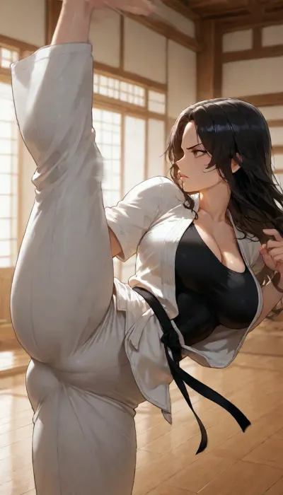 masterpiece, best quality, absurdres, newest, highres, very aesthetic, 1girl, solo, mature female, adult, athletic, toned body, muscular thighs, defined abs, narrow waist, medium breasts, long hair, black hair, sharp eyes, determined expression, karate gi, white karate uniform, black belt, short sleeves, black tank-top, cleavage, open gi jacket, high kick, kicking, side kick, dynamic pose, camel-toe, karate stance, one leg raised high, from side, side view, profile, dynamic angle, dojo, wooden floor, traditional dojo background, detailed background, cinematic lighting, dramatic lighting, rim light, motion blur, intricate details, highly detailed, detailed face, detailed eyes
