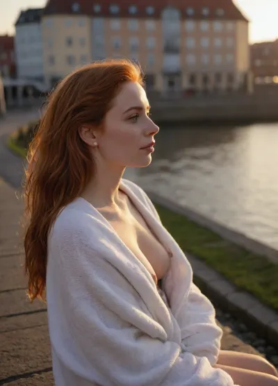 Front side view of a 25yo Scandinavian woman, a spring morning, morning warm sunrise light, she is sitting near a boardwalk by the harbor in a city canal, leaning against a low stony wall, (facing the water front), 5 story old-city buildings in the background, a few cars passing by in the background, a blanket covering her partly, secretly mastubating, secretly fingering herself, fantasizing about her lover, wearing white iPhone earplugs, a loose sweater with big neck revealing the top of her chest, redhead hair in a makeshift hold with a plastic barrette hair clip, morning messy hair, a bag beside her and a folded towel and a folded swimsuit, big nose in profile, full lips, slightly chubby, skirt