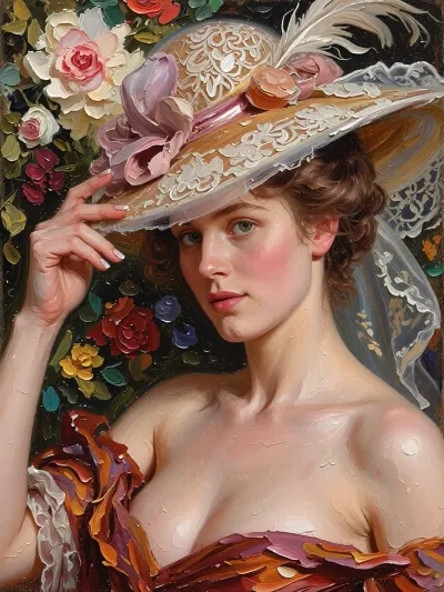 A portrait of a young woman in the style of classical oil painting from the Belle Époque era, (1890–1914), influenced by John Singer Sargent, Giovanni Boldini and Valentin Serov. She has turned her head slightly and is looking directly at the viewer with a lively, slightly questioning gaze, as if asking, ‘Does the hat look good on me?’. Her right hand is gracefully raised, her fingers gently curved as they touch the brim of the hat. The hat has a wide brim and is lavishly adorned with fine white openwork lace, a large white feather, artificial flowers and a pink satin ribbon. Her wavy hair is gathered into a high, soft updo. She has fair skin with a delicate blush on her cheeks, expressive eyes and full, pink lips. The dress, a deep burgundy colour, is draped off the shoulders, it is painted with broad, impasto brushstrokes, featuring folds and an open neckline. The background is dark, adorned with large flowers. The painting features a rich oil paint texture and pronounced impasto, it is an academic salon portrait characterised by a high level of detail – a masterpiece of the highest quality.