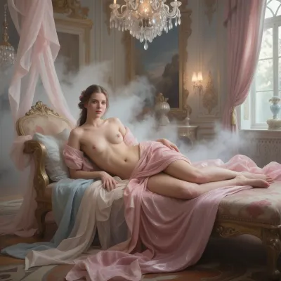 adult nude female muse in an opulent rococo palace, inspired by classical European oil paintings, reclining pose, grand chandelier, antique furnishings, delicate fabrics, soft window light, baroque elegance, painterly realism, rich textures, museum masterpiece, old master aesthetic, highly detailed, atmospheric perspective, fine art, timeless beauty.
Composition, The composition is centered around the figure of the woman, drawing the viewer's eye directly to her. She is placed slightly off-center, creating a more dynamic and engaging visual flow. The flowing fabric of her dress and the surrounding ethereal elements create a sense of depth and envelopment, with the foreground and background softly blurring. The negative space, particularly the misty, hazy background, helps to emphasize the subject and contribute to the overall sense of etherealness. The use of soft, organic shapes in the fabric and mist contrasts with the implied architectural elements in the background, adding a layer of visual interest.
Color Usage, The color palette is predominantly soft and muted, dominated by shades of blush pink, rose, and warm beige, with accents of pale blue and grey in the background. This limited and harmonious color scheme contributes significantly to the romantic and dreamy quality of the image. The soft diffusion of light within these colors enhances the sense of delicacy and creates a gentle, luminous effect. There are no harsh or contrasting colors, which further enhances the overall feeling of softness and tranquility.
Artistic Characteristics, The image exhibits a high degree of artistic sophistication, characterized by its soft focus, diffused lighting, and painterly quality. The texture of the fabric is rendered with great detail and fluidity, giving it a tangible yet airy feel. The woman's pose and expression convey a sense of pensive introspection and delicate grace. The overall aesthetic leans towards fantasy and surrealism, creating a scene that feels both intimate and otherworldly. The technique appears to be a digital creation that mimics the softness and blending of traditional painting or watercolor, possibly with elements inspired by photography that has been heavily stylized. The emphasis is on mood and emotion rather than sharp realism