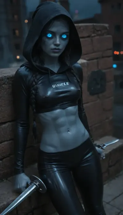 tall, slender, lean, supple, tight clothes, low-rise latex pants, short latex crop top, hooded black cloack, hood up, (nuclear blue void eyes:1.3), long braided side ponitail, pitch black hair, (ochre colored skin:1.5), midriff, abs, tribal tatoos, dual dagger wielding assasin, hidding in shadows, darkness, pitch black night, moonless night, shadows, on top of a stone wall, city's rampart, close face view, high angle view