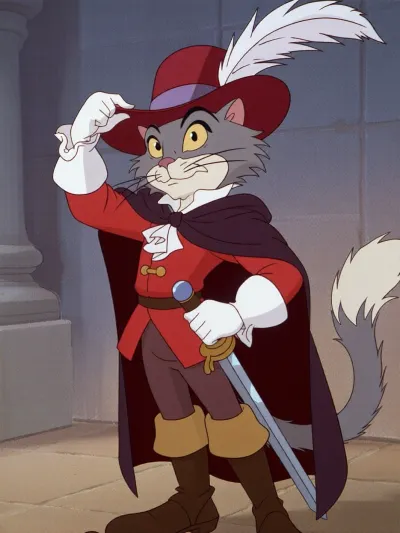 Perro the Cat is a gray-and-white cat from the 1969 Japanese animated film *Puss in Boots*, (directed by *Nagagutsu o Haita Neko*), produced by Toei Animation in the classic style of the late 1960s. The cat is depicted full-length, with one front paw, clad in a white glove, he elegantly lifts a wide, red, aristocratic hat adorned with a long, lush white feather, his gaze fixed on the viewer with a mischievous, curious, and slightly smug expression, as if he were asking, “How does this hat look on me?” He wears a red doublet, a dark cloak draped over his shoulders, leather boots with cuffs, white gloves, and a sword at his belt. Fluffy gray-and-white fur with soft shading, large expressive eyes, and a long mustache. In the style of classic Japanese 2D animation from Toei Studio, 1969, crisp, sharp contours, bright, saturated colors, soft celluloid-style lighting, slightly stylized proportions, and an adventurous atmosphere in the spirit of the “Three Musketeers” novels. Highly detailed, a masterpiece, top quality, ultra-detailed image.