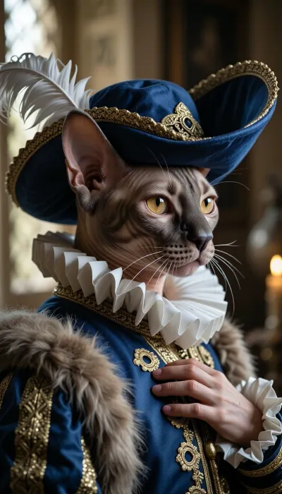An artistic, close-up photographic portrait—framed at the bust—capturing the face and hat of an anthropomorphic cat pondering the question, "Does the hat look good on me?" Shot on full-frame format using a Zeiss 35mm f/2.0 lens. The image features the aesthetic of Kodak Kodachrome 200 ASA film, complete with authentic grain, (visible film noise), wide dynamic range, and perfect rendering of micro-textures. Ultra-detailed visual quality, absolute foreground sharpness, incredibly soft background bokeh, and 8K resolution.

A tight portrait, (bust-level framing), of an anthropomorphic sphynx Cat, dressed as a musketeer inside a 17th-century château. He sports a thick, dense coat and a majestic ruff, his amber eyes sparkle, and he wears a doublet and musketeer attire. His expression radiates regal pride—one paw resting on his chest—and a sense of royal vanity as he turns away from the background to look at us, seemingly asking if the hat suits him.

The musketeer hat is crafted from stiff, royal-blue dyed wool and features a very wide brim. The crown is low and flat-topped. The wide brim is dramatically swept up on one side to reveal the cat's face, while the other side slopes down elegantly, The cat's ear is well-placed, allowing the hat to sit low and creating a striking asymmetry. An elegant feather completes the look. Meticulous care went into crafting this hat, which is an authentic musketeer-style piece. The lighting combines natural light coming from the side and below—evoking a north-facing studio window—with the golden glow of a candle. This interplay of light and shadow sculpts the contours of the cat’s face, makes the gold-thread gilding shimmer, and reveals every single hair with absolute optical clarity. A theatrical, noble atmosphere rich in detail.