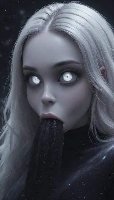 (Jack Cayless art style), (cosmos body:1.5), (galaxy skin:1.5), (silver colored void pupiless eyes:1.8), (silver sclera:1.6), (silver lips:1.3), shimering hair, glowing hair, glistening hair, space port, starships, hourglass figure, (((deepthroat)))