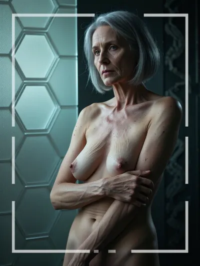 A cinematic sci-fi fantasy artwork, (an aged woman, 70 years old:1.8), . Her skin is that of a 70-year-old woman. The old lady has grey, (Small, long, and very saggy breasts:1.8), ((very detailed skin)), . Hair cut in a bob. A high-quality artistic portrait of a woman standing in a subtle, modest pose with her arms crossed over her chest, soft diffused lighting accentuating her form, elegant and graceful posture, mysterious atmosphere. The background is a sophisticated split-composition, one side features a textured, muted teal-green panel with semi-transparent geometric hexagonal patterns and a faint glowing highlight, the other side is a dark, vertical abstract panel with a subtle grunge texture. Minimalist white rectangular frame overlaying the composition, professional photography style, sharp focus, cinematic lighting, moody and ethereal aesthetic, highly detailed skin texture, 8k resolution, artistic editorial photography.