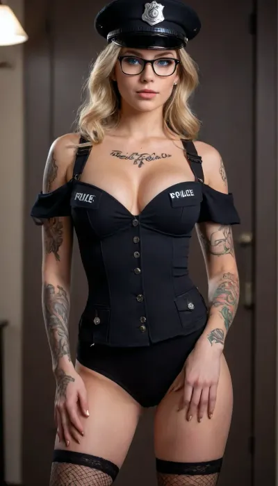 (Sexy Sweet Tempting Woman), Professional sexy seduction modelposes, supermodel, perfect lighting, ultra realistic, 8k resolution, ultra detailed, instagram model, professional photography, night, dim lighting, ((Sexy Police)), luxurious ash blond hair, Blue eyes, Sexy lips, ((Sexy Police uniform)), (chain, Black stockings), rounded glasses, (Sexy tattoo:1.4), pale skin, natural big round breasts, nordic, flirty, bashful, seductive, lusty, playful, Healthy slim body, Tall, very long legs, hourglass figure, Sweet face, perfect face, lifelike face, real face, very beautiful face, detailed face