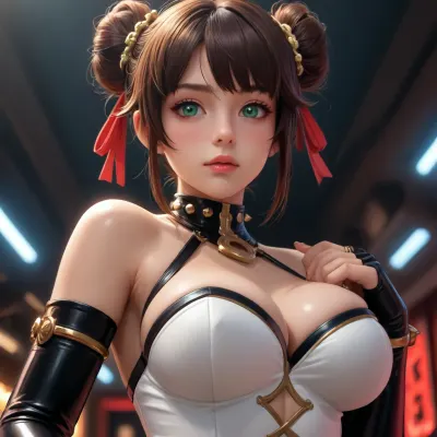 xiangling from genshin impact dross style reiq meets, ModelModel, Golden brown skin, dark brown hair styled in a high bun with loose strands, deep green eyes. Extreme curves with large, firm breasts. Attire, Opera gloves that extend to the armpits in shiny black vinyl, around the neck, a leather collar studded with silver spikes and small rhinestones. The bust is completely bare, decorated with the shimmer of body oil. Details, The model's gloved hands grip her own ribs just below her bust, acting as a support that further elevates her large breasts. Red neon light comes from below, sculpting the lower part of her chest and creating a sinful backstage atmosphere..