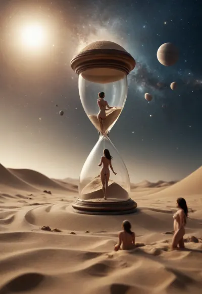 Hourglass, in the upper part, there are dancing naked women the sand flows into the lower part, in the lower part of the hourglass, you can see men waiting, (((the hourglass floats in the infinity of the universe)))
