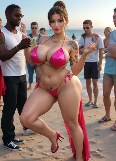 (((8K resolution))), ((people touching detailed)), (((adult bellydancing performer, body full-plump hairstyle, sexbabe ballistic enormous pouring breast, costume, massive matured pussy and glamorous ass, rapper hourglass body, experienced virgin, gangbang interracial bimbo perform reinvent Latina makeup))), ((wetting sea tasting by nudists in breast mouthed a job, wear heel and seductive bikini. The day, lighting HDR+, full body visibly)), (tattoos cover wrought body, detailed), ((public beach in porned sea))