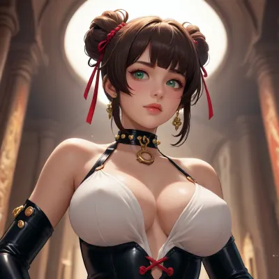 xiangling from genshin impact dross style reiq meets, ModelModel, Golden brown skin, dark brown hair styled in a high bun with loose strands, deep green eyes. Extreme curves with large, firm breasts. Attire, Opera gloves that extend to the armpits in shiny black vinyl, around the neck, a leather collar studded with silver spikes and small rhinestones. The bust is completely bare, decorated with the shimmer of body oil. Details, The model's gloved hands grip her own ribs just below her bust, acting as a support that further elevates her large breasts. Red neon light comes from below, sculpting the lower part of her chest and creating a sinful backstage atmosphere..