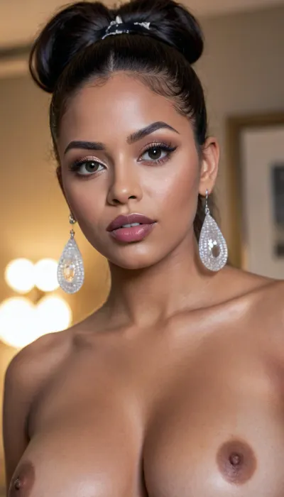 Full-portrait photo of an latin 28-year-old girl, curvy body, latina, black straight hairs, full lips, (((white lipstick))), very big eyes, make up, ((dark skin)), (dark skin cinnamon), (nude:1.2), (naked:1.3), (((no clothes))), (((with elastic big breasts))), (((trasparent bubble earrings))), (pussy visible:1.3), sexy, beautiful, tanned, with a perfect face, detailed face, (detailed hair, light hairstyle:1.1), (shiny dark skin body, realistic sweat:1.1), straight hairs, black hairs, earrings, nose earrings, Looking at the camera, in a modern room, lots of details, three-dimensional, epic, clear focus, depth of field, professional lighting, full view, 8k photography, HDR, the picture was taken on Canon EOS R5, 75 mm lens