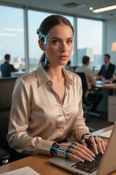 The near future. A beautiful, young, cyber-enhanced woman sits at a light wooden table in a modern open-concept office with huge panoramic windows. Outside the windows is a blurred daytime cityscape with tall buildings. Her hair is neatly pulled back into a low ponytail, she has smooth skin, expressive eyes, and a calm, slightly distant gaze. On her right temple is a thin, blue-glowing cybernetic implant, black implants with blue backlighting are visible on her neck. Her hands have been replaced with cybernetic prostheses, a white casing with glowing blue lines and metal segments, her fingers remain human to preserve her sense of touch. She is wearing a light-colored silk blouse with long sleeves and buttons, the fabric has a soft sheen. Both hands rest on the keyboard of an open silver laptop. Documents lie on the table nearby. In the soft background, several colleagues in business attire are seated at their desks. Bright, natural daylight streams in through the windows, the clean, modern office interior is rendered with high detail and photorealism.