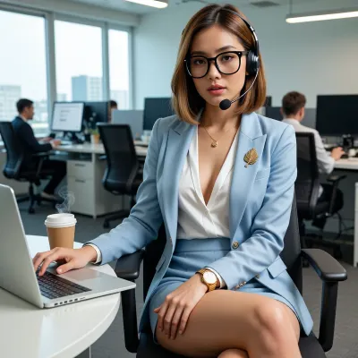 Photo, 8k, highly detailed, photorealistic, best quality, ultra-detailed, sharp focus
An image of a young Asian woman with fair skin and auburn hair styled in a sleek bob cut. She is wearing large, thick-rimmed black glasses and a professional headset with a microphone positioned near her mouth. Her expression is serious and focused, looking directly at the camera with a slight, confident smirk. She is dressed in a high-end business suit consisting of a light blue blazer and a matching short skirt. The blazer features a lapel pin shaped like a golden pine branch or feather. Underneath, she wears an unbuttoned white silk blouse that is slightly open, revealing cleavage. On her left wrist, she wears a gold watch with a leather strap. A delicate gold necklace with a small pendant rests on her collarbone. She is seated in a black ergonomic office chair, angled slightly towards the left. Her right hand is resting on the keyboard of a silver laptop, fingers poised as if typing. Her left leg is crossed over her right knee, with her left hand resting gently on her thigh.
The scene is a modern, brightly lit open-plan office. In the background, out of focus, are other employees working at their desks with computer monitors. Large floor-to-ceiling windows allow natural daylight to flood the space, creating soft highlights on her hair and shoulders. A steaming cup of coffee sits on the desk next to her laptop. The lighting is bright and even, with strong natural light coming from the left, creating a rim light effect on her blonde hair. The depth of field is shallow, keeping the subject in sharp focus while blurring the background. The composition places the subject slightly off-centre to the right, with the desk and laptop occupying the lower left foreground.
Cool tones dominate, featuring the light blue of the suit, the stark white of the shirt, and the grey/black of the office furniture, contrasted by the warm skin tones and the golden accents of the jewellery. Professional, corporate, yet stylized with a touch of glamour. The image has a clean, crisp look typical of high-end commercial photography.