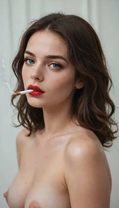 Beautiful russian girl, 24 years old, messy brunette hair, blue eyes, red lips, gorgeous body, midsize boobs, wearing like elizabeth, biochock infinite, girl smocking cigarette