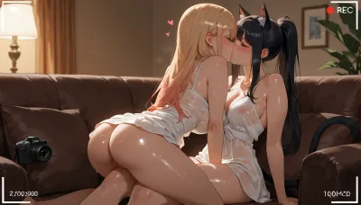 (masterpiece, best quality), marin_kitagawa from my_dress-up_darling, medium tits, 2girls, lesbian, scissoring, kissing, ponytail, black hair, black cat ears, transparent white dress, sitting on a couch, sweaty, glowing skin, REC overlay, camera in background, warm lighting, explicit, nsfw.